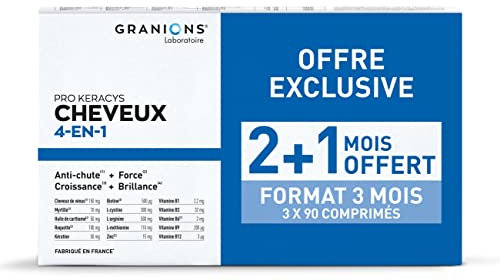 GRANIONS PRO KERACYS 4-EN-1 | Anti-chute Cheveux + Force + Croissance + Brillance | FORMAT 3 MOIS : 2 x 90 Gélules + 90 Gélules OFFERTES | Fabriqué en France
