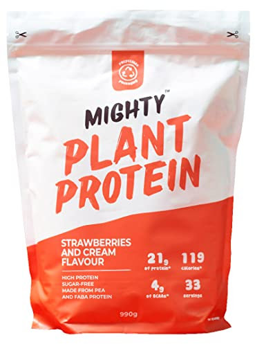 Mighty Vegan Protein Powder, Strawberries and Cream Flavour, (33 Servings, 990g Bag Without Scoop), Plant Based, Sugar Free, Dairy Free Protein Shakes