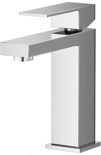 Warmiehomy Chrome Basin Taps Mixer Bathroom Sink Taps Single Lever Hot and Cold Water Sink Taps with UK Standard Hoses,Square