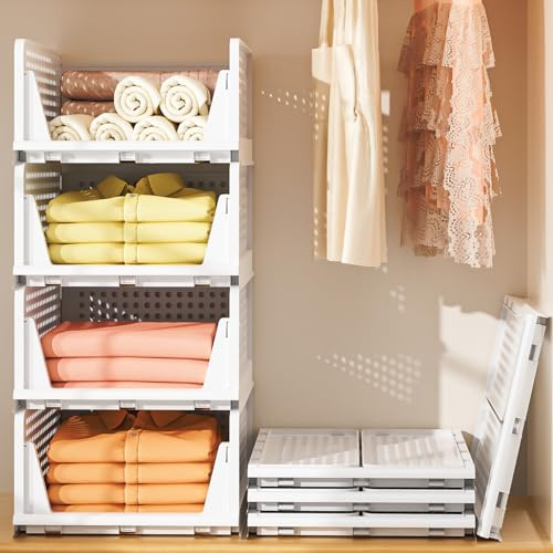 Neprock Wardrobe Storage Organiser with Drawers - 4 Pack Stackable Storage Boxes & Clothes Organisers for Closet Shelves,Plastic Drawer Organiser Bedroom, Bathroom, Kitchen, Laundry (4L)