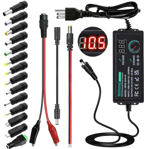 3V~24V 3A 72W Universal Power Supply 3V 5V 6V 9V 12V 15V 18V 20V 24V Adjustable Variable Switching AC/DC Adapter, 100V-240V AC to DC Converter with 14 Tips & Polarity Converter & Test Lead, 3 Prong