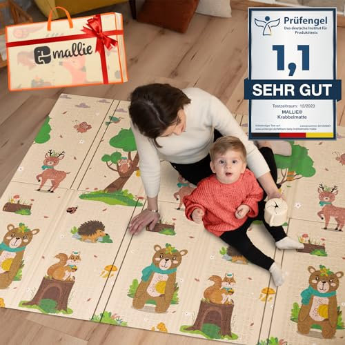 Mallie® Spielmatte Baby Faltbar inkl. Gratis Tragetasche 180x150x1cm [100% BPA- und Schadstoff-Frei] Doppelseitige Krabbelmatte Baby, Krabbeldecke Baby I Baby Play Mat, Spielmatte Baby Faltbar