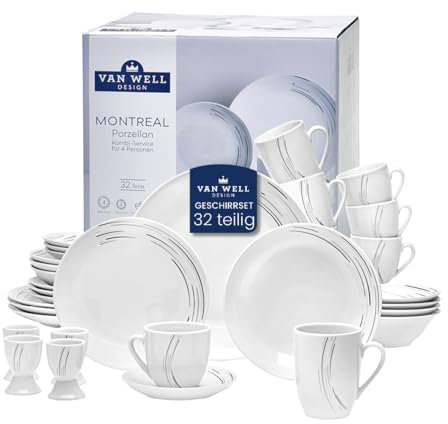 van Well Montreal Service de table pour 4 personnes – Service combiné classique en porcelaine blanche 32 pièces – Service de table de forme ronde, blanc avec fines lignes grises et noires pour une