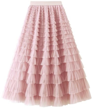 Jemsia Women's Tulle Skirt Midi Ruffles Tiered Cake Skirt Elegant Elastic High Waist A-line Petticoat Mesh Long Tutu Flowy Skirts for Prom Homecoming Birthday Party, Pink