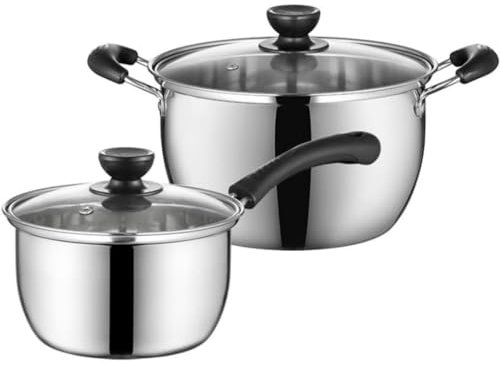 Habrur Set Pentole Batteria di Pentole Pentola per Zuppiera in Acciaio Inossidabile da 2 Pezzi Pentola per Latte con Coperchio in Vetro Cucina da Cucina Set di Pentole