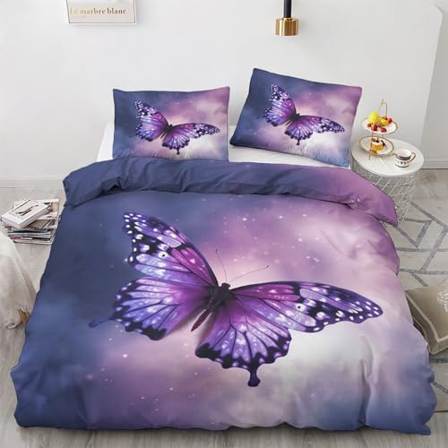 Schmetterling Bettwäsche 140x200 Sommer - Lila Schmetterlinge Bettbezug 140x200 2er Set mit Kissenbezug 70x90, Weiche Mikrofaser Sommerbettwäsche mit Reißverschluss für Schlafzimmer Deko N-&75