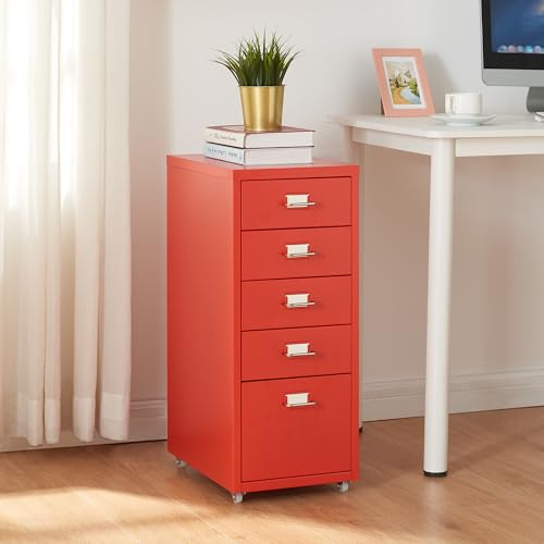 [en.casa] Rollcontainer Kökar Schubladenschrank Metall Aktenschrank mit 5 Schubladen Bürowagen mit Rollen für Arbeitszimmer 69 x 28 x 41 cm Rot