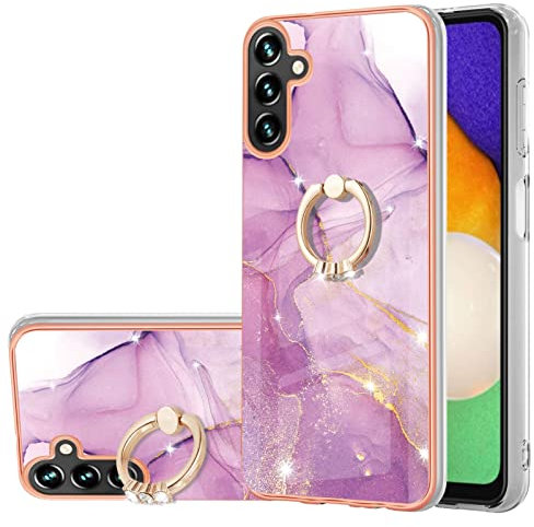 Reevermap Samsung Galaxy S24 FE Case with Ring Holder, Shockproof Silicone Marble Phone Cover Kickstand Soft Metallic TPU Rubber Bumper Case for Samsung Galaxy S24 FE, Light Purple