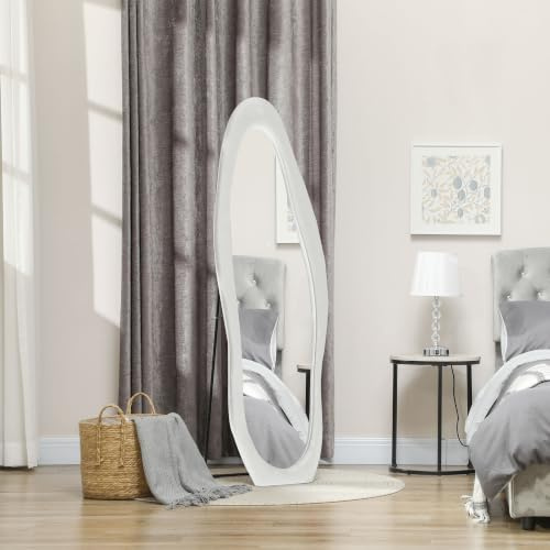 HOMCOM Ganzkörperspiegel 160 x 50 cm Unregelmäßiger Standspiegel Weiß | Gewellt, Samtartiger Rahmenbezug, Großer Wandspiegel, Ankleidespiegel, Wohnzimmer, Schlafzimmer, Garderobe, Flur