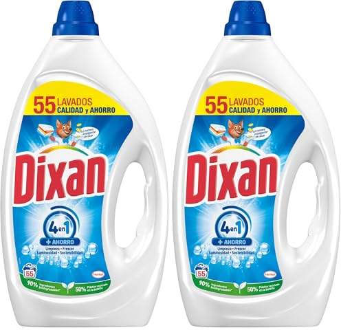 Dixan Gel Total 4+1, Detergente Líquido para Lavadora 55 Lavados, jabón líquido para lavar la ropa blanca y clara, limpieza, luminosidad, frescor y sostenibilidad (Paquete de 2)