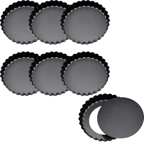 Jimkply Lot de 6 moules à tarte, avec fond amovible, en acier au carbone, utilisation domestique, polyvalent, pour la maison, le restaurant, noir