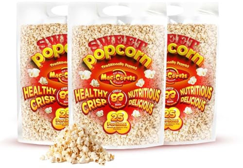 MacCorns - Sweet Popcorn | 3 x 1kg Mega Packs | Resealable Pillow Pack of Popcorn | Crispy & Delicious Popcorn| Ideal For Parties, Events & Movie Nights | Allergen FREE !