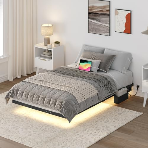 MAHANCRIS Bettgestell 90 x 200 cm, Bettrahmen mit Ladestation und LED-Streifen, Bettgestell aus Metall, Schwebender Bettrahmen, Doppelbett, Einzelbett,für Schlafzimmer Gästezimme, Schwarz ABFBK536UE01