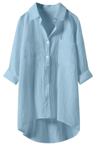 Angxiwan Button Down Shirts for Women UK Lightweight Linen Cotton Blouse with Pocket Casual Loose Fit Long Sleeve Tunic Tops Oversized Solid Color Tee Shirt Jacket for Daily Vacation Office.