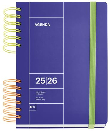 Miquelrius - Skolkalender 2025 2026, september till augusti, storlek 164 x 218 mm, dag sida, dubbel tvåfärgad spiral, hårt omslag, gummiförslutning, spanska-engelska-portugisiska