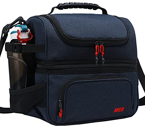 MIER Leakproof Lunch Bag for Men Women with Double Decks, Dark Blue, 15L | Insulated Cool Bag with Adjustable Shoulder Strap, Cooler with Multiple Pockets for Work, Picnics, Camp, Easy to Wipe Clean