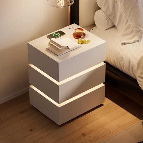 Homary LED Smart Nachttisch mit kabelloser Ladestation, Nachttisch mit Schubladen & USB-Anschlüssen, Modernes Nachtkästchen mit LED-Beleuchtung für Schlafzimmer (Led Weiß 3 Schubladen)