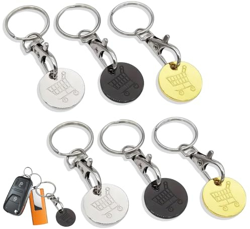 Lot de 6 Jeton Caddie,Jetons de Chariot de Courses,Extracteurs de Caddie en Acier Inoxydable,Porte Clé Jeton Caddie Universel,Jetons de Caddies Amovible,Durables Porte-clés avec Mousqueton (3Couleurs)
