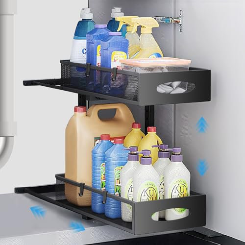 Zaxiva Rangement sous Évier en Métal, 2 Niveaux Organisateur sous Évier Coulissant de Cuisine, Hauteur Réglable Étagère sous Évier pour Cuisine, Placard, Salle de Bain, Buanderie, 1 Pièce, Noir