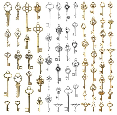 Yicenmy 72 Stück Vintage Schlüssel Deko, Bronze Gold Silber Antike Schlüssel Charms Anhänger Set, Retro Deko Mini Anhänger Skelettschlüssel für DIY-Projekte, Hochzeiten und Dekorationen