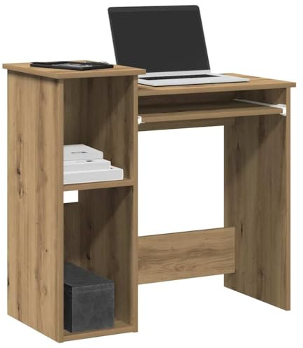 Escritorio de oficina con estantes que ahorra espacio, 84 x 40 x 78 cm, acabado de roble rústico, tablero de partículas duradero, superficie de trabajo ancha para el hogar, oficina, estudio o
