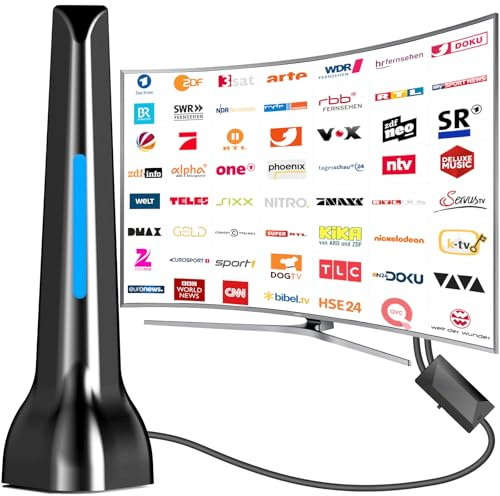 Antenna DVBT2, antenna da camera DVB-T e DVB-T2, con amplificatore, ampia portata e ricezione a 360°, antenna da camera per TV con forte base magnetica, adatta per 4K 1080p e tutti i dispositivi TV
