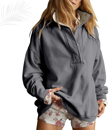 Överdimensionerad tröja för kvinnor vinter vardaglig långärmad hockneck Henley pullover topp knapp v-ringad tröja, Mörkgrått, S