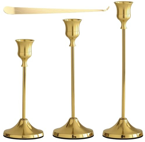 3PCs Gold Candle Holder Set with Candle Snuffer,Decorative Candle Holder for Taper Candle for Fireplace Mantel Dinning Table Home Decorations Wedding Party Gift
