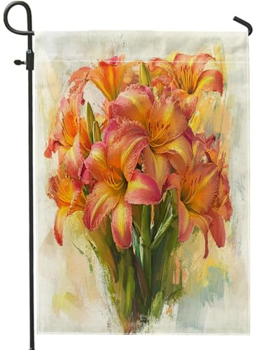 Banderas de jardín de flores de lirio de día de primavera de 12 x 18 pulgadas de doble cara para exteriores, diseño de plantas de acuarela de lona estándar, bandera botánica para patio delantero