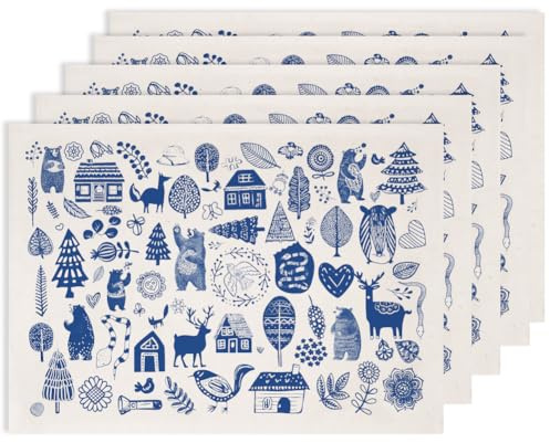 SUPERDANT 5 Blätter Unterglasur Abziehbilder Blau Wilde Elemente Bär Baum Hütte Keramik Abziehbilder für Tassen Teller Vasen Ton Brandfeste Schalen Anfängerfreundlich 52x37cm Extra Groß