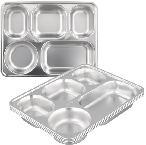 YIXNSW Uppsättning av 5 delade tallrikar rostfritt stål, 28 x 22 x 4,3 cm silver 304 rostfritt stål serveringsfat med 5 avdelningar, stor tallrik för camping, picknick och buffé