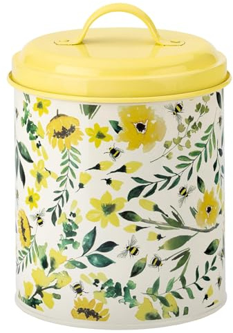 Maison & White M&W Bee-Beautiful Large Storage Tin with Lid – Decorative Floral & Bee Design Metal Storage Container, Yellow Handle, Multipurpose Kitchen & Home Organizer, 135 x 200mm