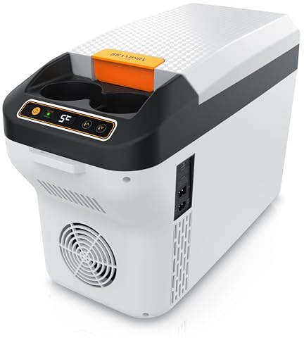 Brandson - Kühlbox elektrisch 10L – 230 V Netzspannung und 12 V KFZ Auto Bordspannung – kühlt und wärmt – Heizen max. 65°C – Herabkühlen ca 20°C unter der Umgebungstemperatur - für die Mittelkonsole