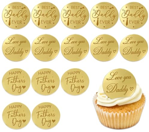 15Pcs Happy Father's Day Cupcake Topper, Mirror Round Acrylic Best Dad Cake Topper Father's Day Cupcake Decorations for Baking Dessert Decorations