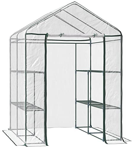 Outsunny Invernadero de Exterior Invernadero de Jardín de 3 Niveles con Estantes Marco de Acero Cubierta de PVC para Cultivo de Plantas Flores Verduras 143x143x195 cm Translúcido y Verde
