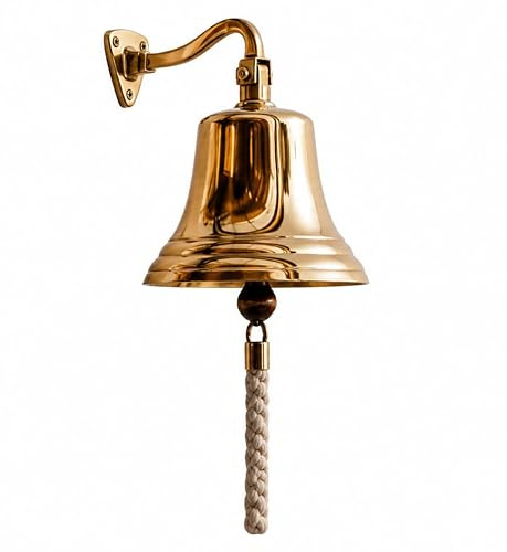 Solid Brass Wall Hanging Bell with Rope Pull – Loud Ringing Nautical Door Bell, Vintage Marine Style for Home, Temple & Office Décor
