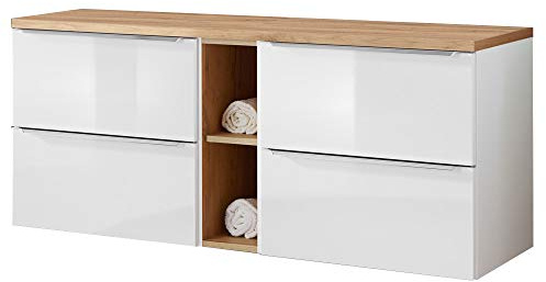 Lomadox Badmöbel Waschtisch-Unterschrank Set, Hochglanz weiß, Wotaneiche, 4 Softclose-Auszüge, 1 Regal, B/H/T ca. 141/59,5/46 cm