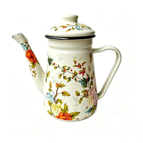 Vintage Kaffeekanne aus Emaille im Retro Look 1L Wasserkessel & Teekanne für Induktionsherd, Gas & Camping Emaille Kanne mit Blumenmuster im Landhausstil als Küchendeko & Geschenk für Kaffeeliebhaber