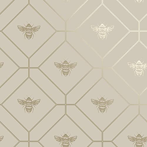 Honeycomb Bee Wallpaper Geometric Metallic Modern Gold Taupe