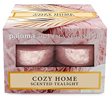 pajoma® Duftteelichte 12 Stück, Cozy Home | mit Stearinsäure-Wachs in Polycarbonathülle | Brenndauer ca. 3 Stunden - Höhe 1,5 cm ø 3,5 cm | Premium Qualität | Deko, Gastronomie, Outdoor