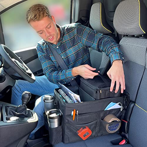 myXplorer Van & Campervan Front Seat Organiser with Detachable Cooler Bag, Multi-Compartment Storage, Adjustable Padded Strap, Non-Slip Clips, 24L (Black)