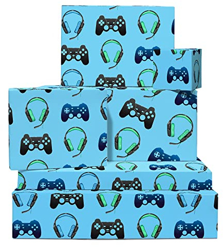 Papel de regalo para jugadores - Papel de regalo para niños - 6 hojas de papel de regalo - Para novios de hombres y niños - Viene con etiquetas y pegatinas divertidas - Reciclable - Por Central 23