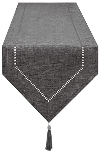 SANLEHAUSE Tischläufer, Leinen, grau, 32x180 cm, hochwertig, einfarbig, pflegeleicht, für Esstisch und Couchtisch, Dekoration