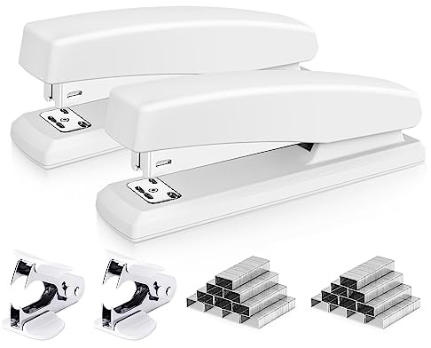 Deli Stapler, Desktop Stapler, 2 Pack, Office Staplers, 25 Sheet Capacity, Includes 2000 Staples and 2 Staple Removers, 2 Pack, White