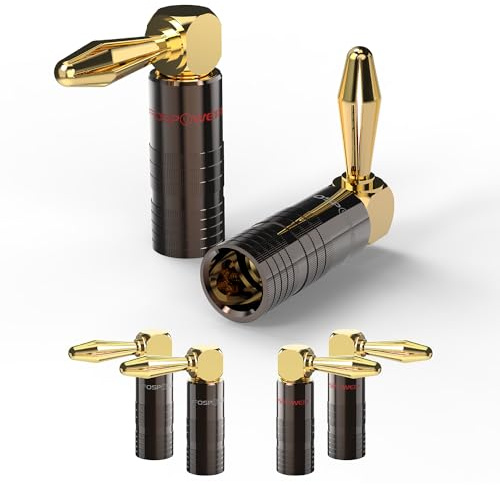 FosPower Rechtwinklige Bananenstecker für Lautsprecherkabel - 12er Set | Premium Vergoldete Winkelstecker Anschlüsse mit Doppel-Fixierschrauben für HiFi, Lautsprecher, Verstärker, und Heimkino