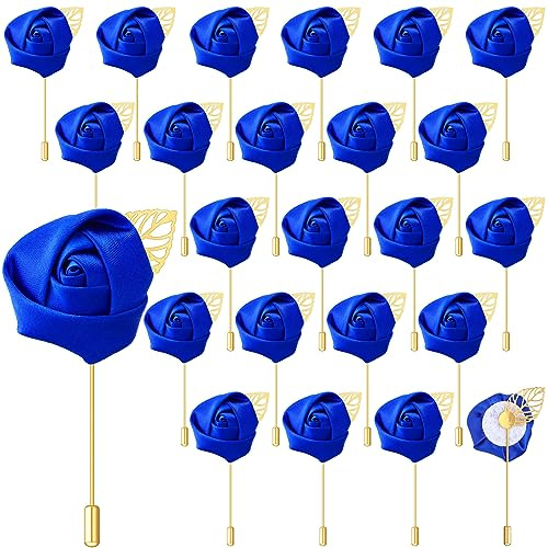 Zeyune 24 Pcs Boutonniere Rose Boutonniere Wedding Buttonholes Pocket for Men Wedding for Prom Party(Blue)