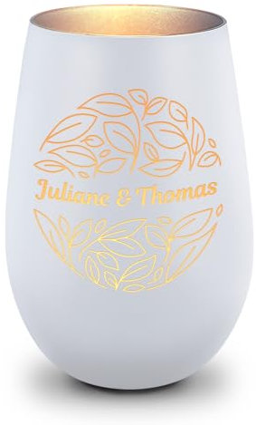 GRAVURZEILE Deko Windlicht aus Glas mit Gravur - Nature Love - Personalisiert mit Name - Persönliche Geschenke für Frauen und Männer - Zur Hochzeit Geburtstag und Weihnachten - Weiß/Silber