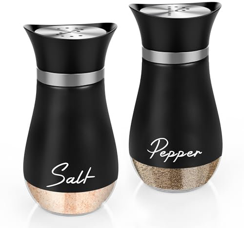 Dorblely Juego de molinillo de sal y pimienta, base de cristal de 120 ml, salero, pimentero, tarros de especias, salero con tapa de acero inoxidable, para cocina, barbacoa, autocaravana - negro