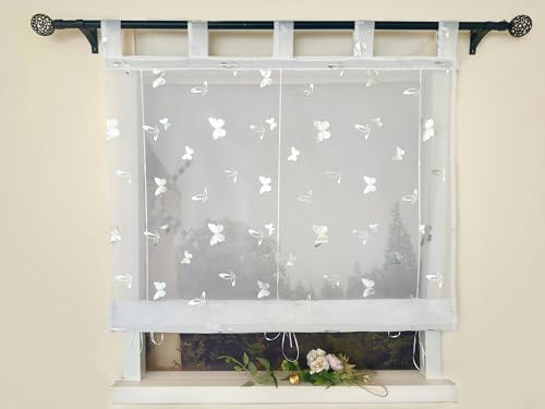 Devola Raffrollo mit Schlaufen Glitzer Voile Raffgardinen Gardine mit Glanzdruck Küchengardinen Modern Raffrollo Schlaufenrollo Transparent HxB 100x60cm Schmetterling Muster 1 Stück