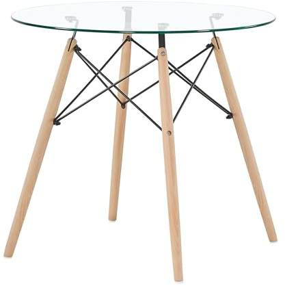FURNITABLE Esstisch Glas,Runder Esszimmertisch Küchentisch für 4 Personen, Skandinavisch Wohnzimmertisch, Beine Natur, 80 * 80 * 74 cm